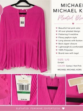 NWT Michael Michael Kors Pink Pleated Peplum Blouse Large